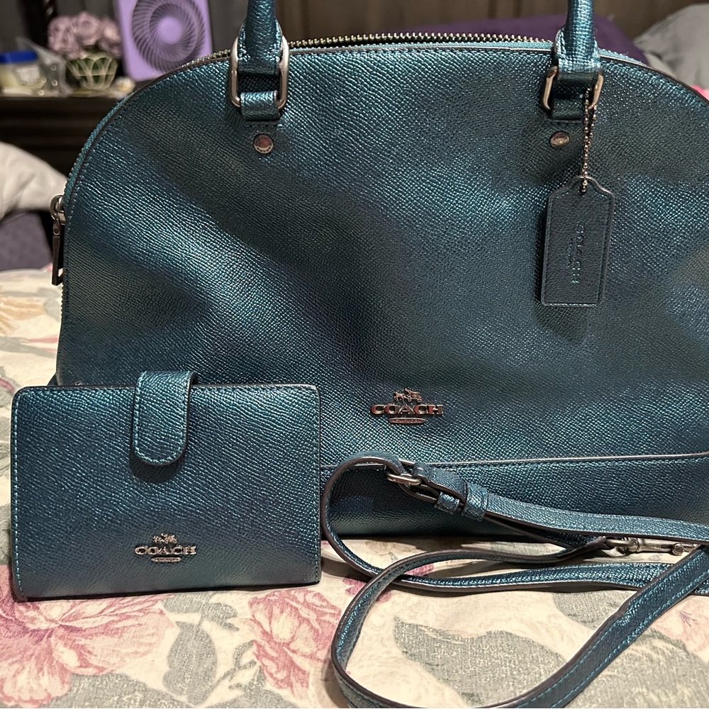 COACH metallic teal satchel with matching wallet & adjustable shoulder strap